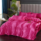 Parure de lit en satin, housse de couette, drap-housse et taies, rose rouge