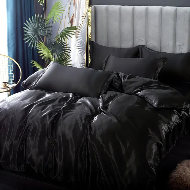 Parure de lit en satin, housse de couette, drap-housse et taies, noir