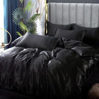 Parure de lit en satin, housse de couette, drap-housse et taies, noir