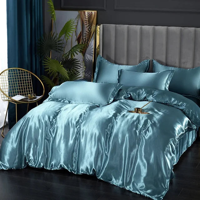 Parure de lit en satin, housse de couette, drap-housse et taies, bleu clair de lune