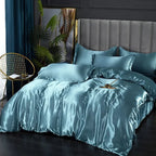 Parure de lit en satin, housse de couette, drap-housse et taies, bleu clair de lune