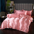 Parure de lit en satin, housse de couette, drap-housse et taies, rose