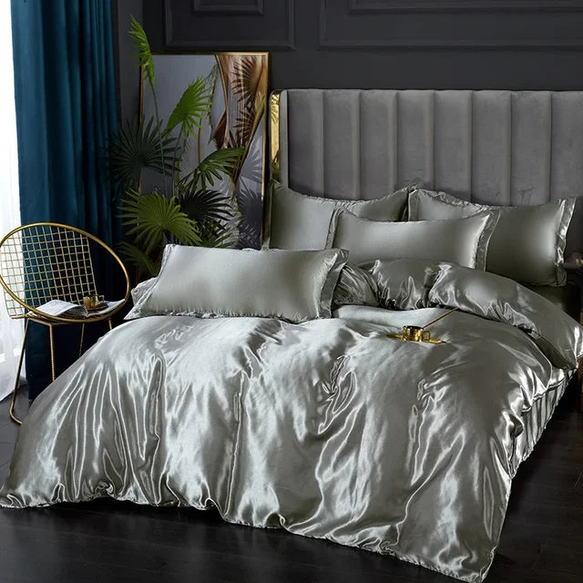 Parure de lit en satin, housse de couette, drap-housse et taies, gris argenté