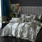 Parure de lit en satin, housse de couette, drap-housse et taies, gris argenté