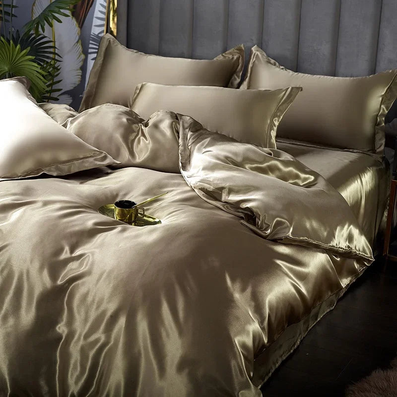 Parure de lit en satin, housse de couette, drap-housse et taies, or champagne