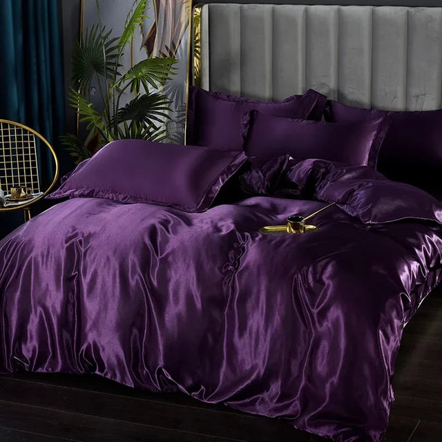 Parure de lit en satin, housse de couette, drap-housse et taies, violet cristal