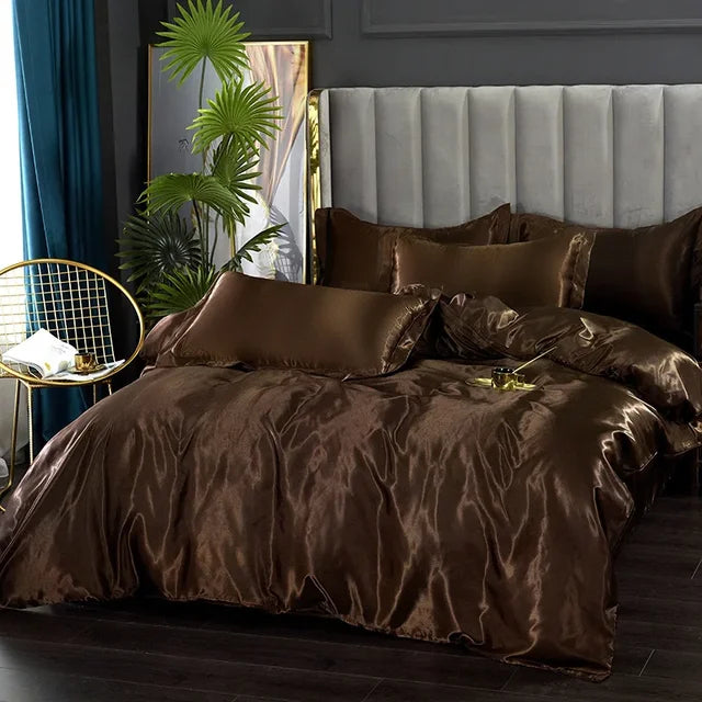 Parure de lit en satin, housse de couette, drap-housse et taies, marron foncé