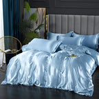 Parure de lit en satin, housse de couette, drap-housse et taies, bleu clair