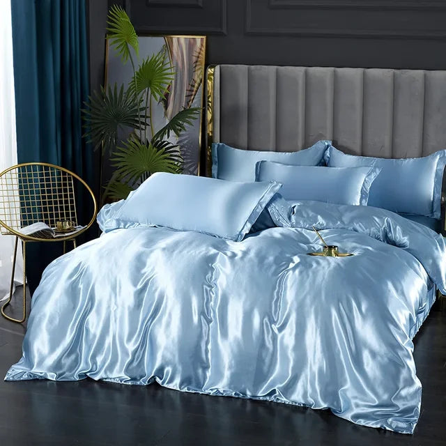 Parure de lit en satin, housse de couette, drap-housse et taies, bleu clair