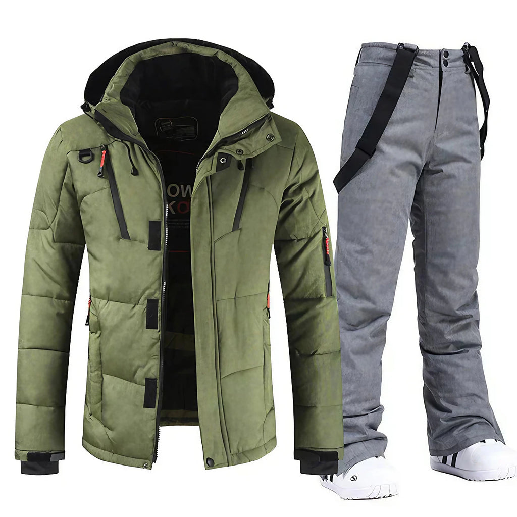 Ensemble de ski homme, veste et pantalon imperméables coupe-vent, vert armée