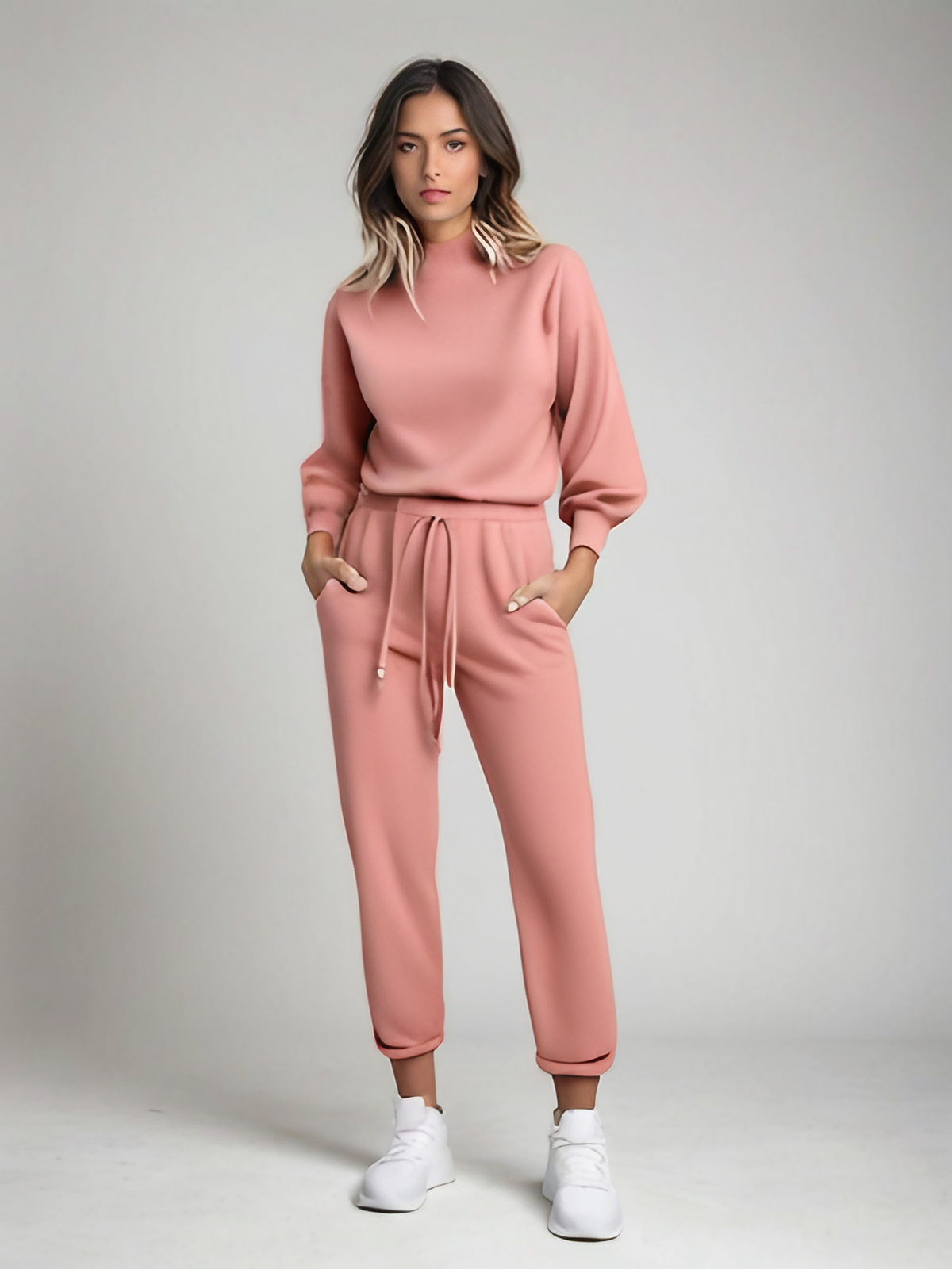 Ensemble survêtement femme col montant et manches ballon, rose