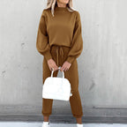Ensemble survêtement femme col montant et manches ballon, café