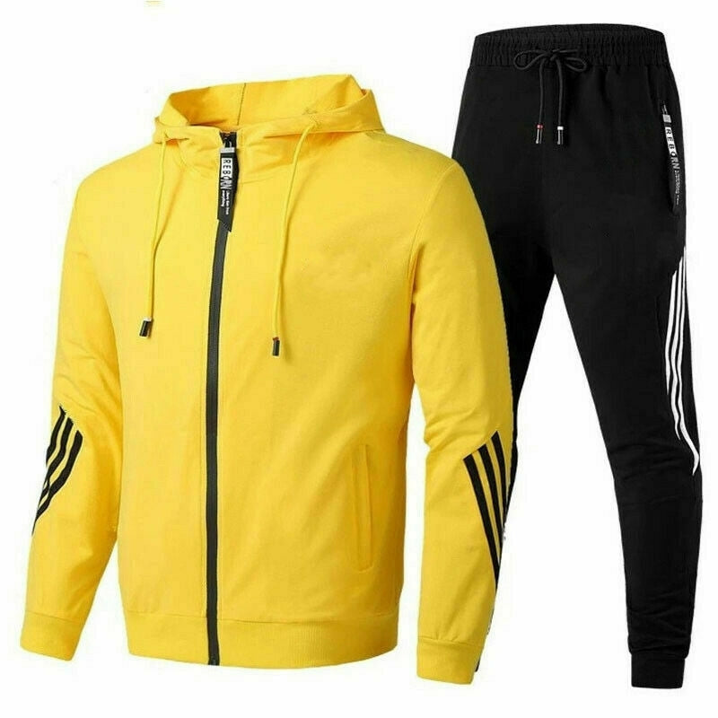 Survêtement homme deux pièces, sweat zippé à capuche et jogging, jaune