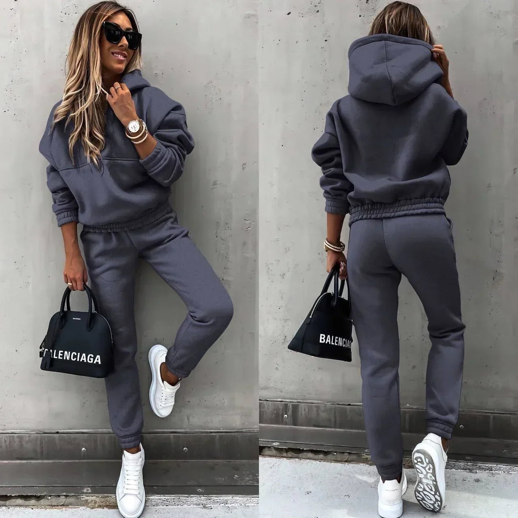 Ensemble survêtement femme à capuche, pantalon taille élastique, gris foncé