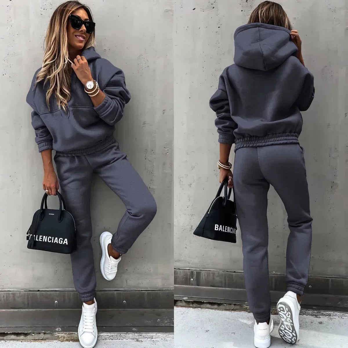 Ensemble survêtement femme à capuche, pantalon taille élastique, gris foncé