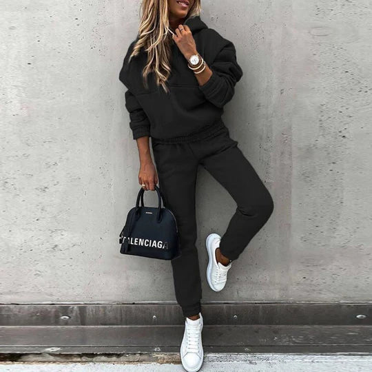 Ensemble survêtement femme à capuche, pantalon taille élastique, noir