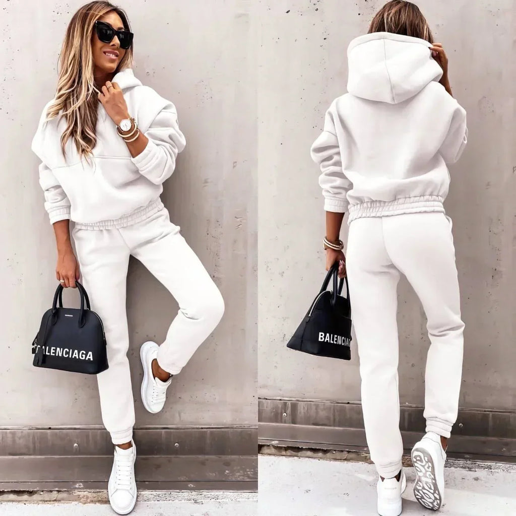 Ensemble survêtement femme à capuche, pantalon taille élastique, blanc