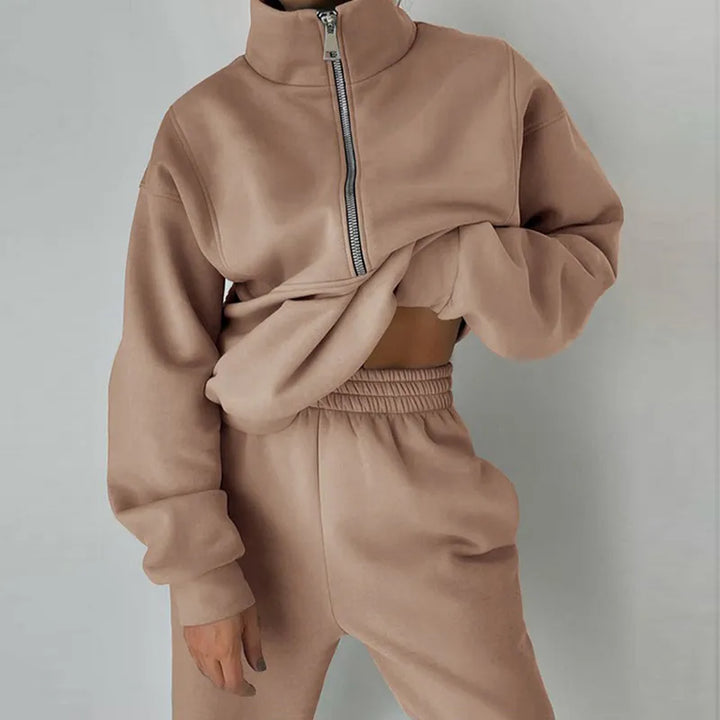 Survêtement femme doublé polaire, sweat zippé et pantalon, kaki