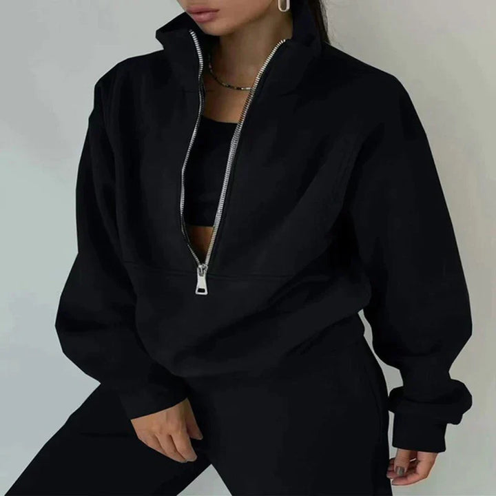 Survêtement femme doublé polaire, sweat zippé et pantalon, noir