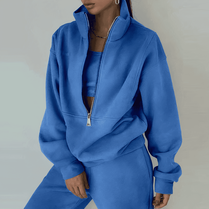 Survêtement femme doublé polaire, sweat zippé et pantalon, bleu
