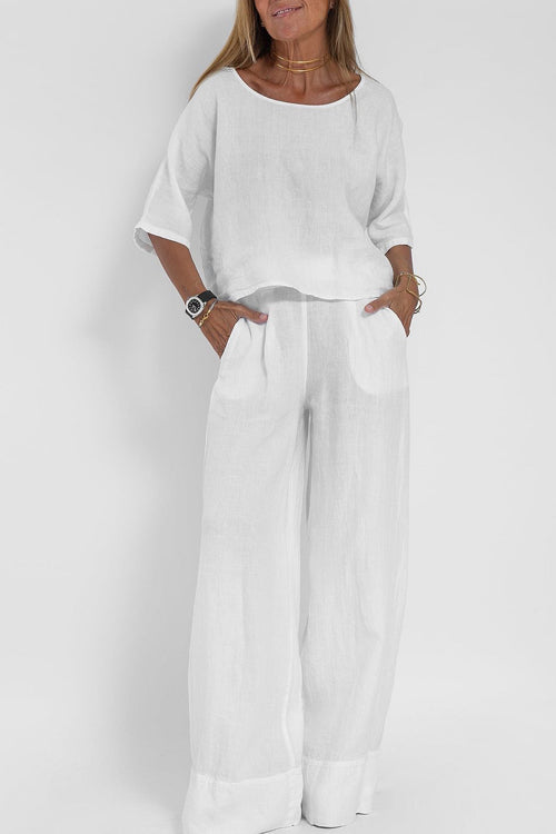 Ensemble femme haut court et pantalon large taille haute, blanc