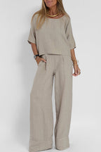 Ensemble femme haut court et pantalon large taille haute, gris