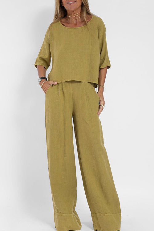 Ensemble femme haut court et pantalon large taille haute, kaki