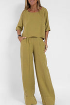 Ensemble femme haut court et pantalon large taille haute, kaki