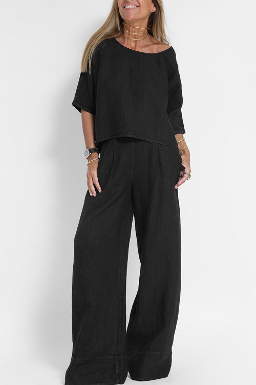 Ensemble femme haut court et pantalon large taille haute, noir