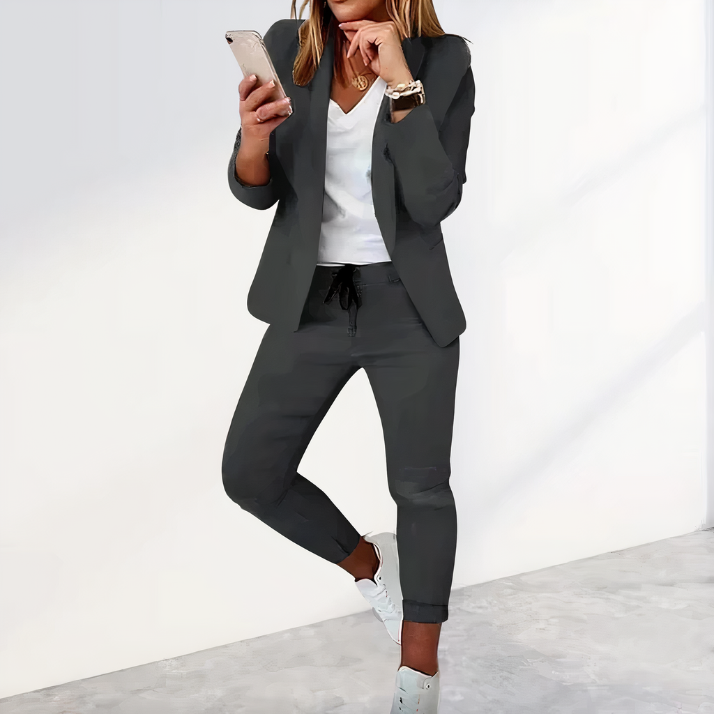 Tailleur pantalon femme 2 pièces, blazer et pantalon assorti, gris