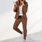 Tailleur pantalon femme 2 pièces, blazer et pantalon assorti, marron