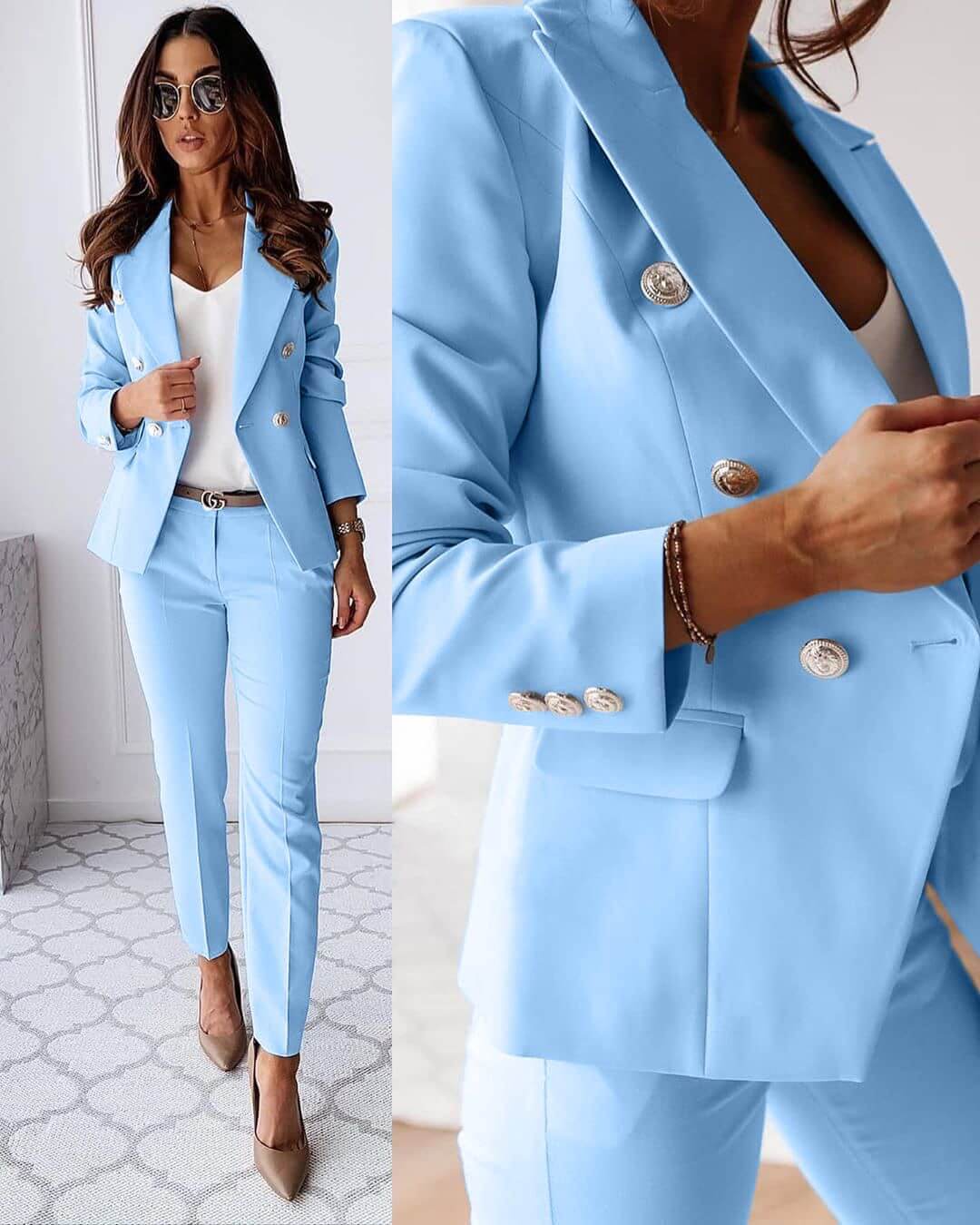 Tailleur femme blazer et bas assorti, cinq coloris, du S au 2XL, bleu clair
