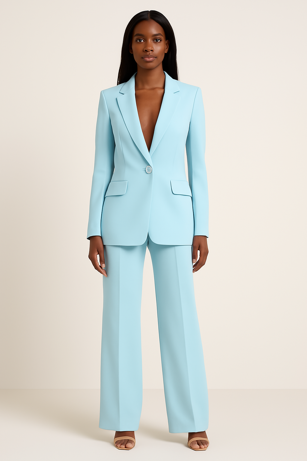 Tailleur pantalon femme, veste cintrée et pantalon large, six coloris, turquoise