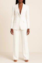 Tailleur pantalon femme, veste cintrée et pantalon large, six coloris, blanc
