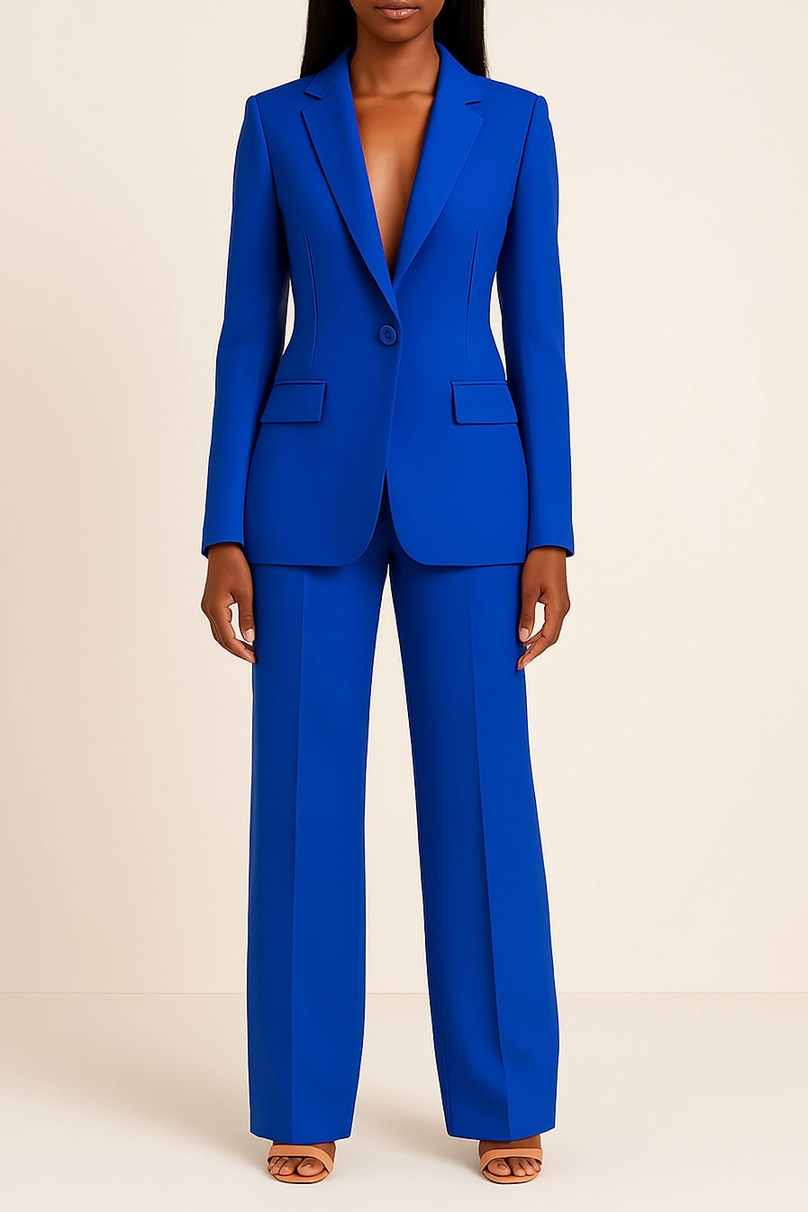 Tailleur pantalon femme, veste cintrée et pantalon large, six coloris, bleu