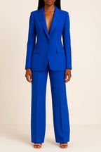 Tailleur pantalon femme, veste cintrée et pantalon large, six coloris, bleu