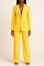 Tailleur pantalon femme, veste cintrée et pantalon large, six coloris, jaune