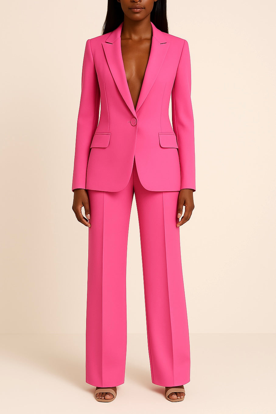 Tailleur pantalon femme, veste cintrée et pantalon large, six coloris, rose