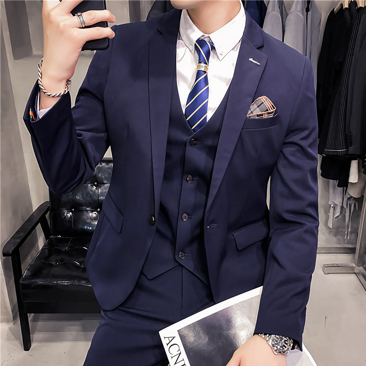 Costume trois pièces homme, cinq coloris, du S au 2XL, bleu marine