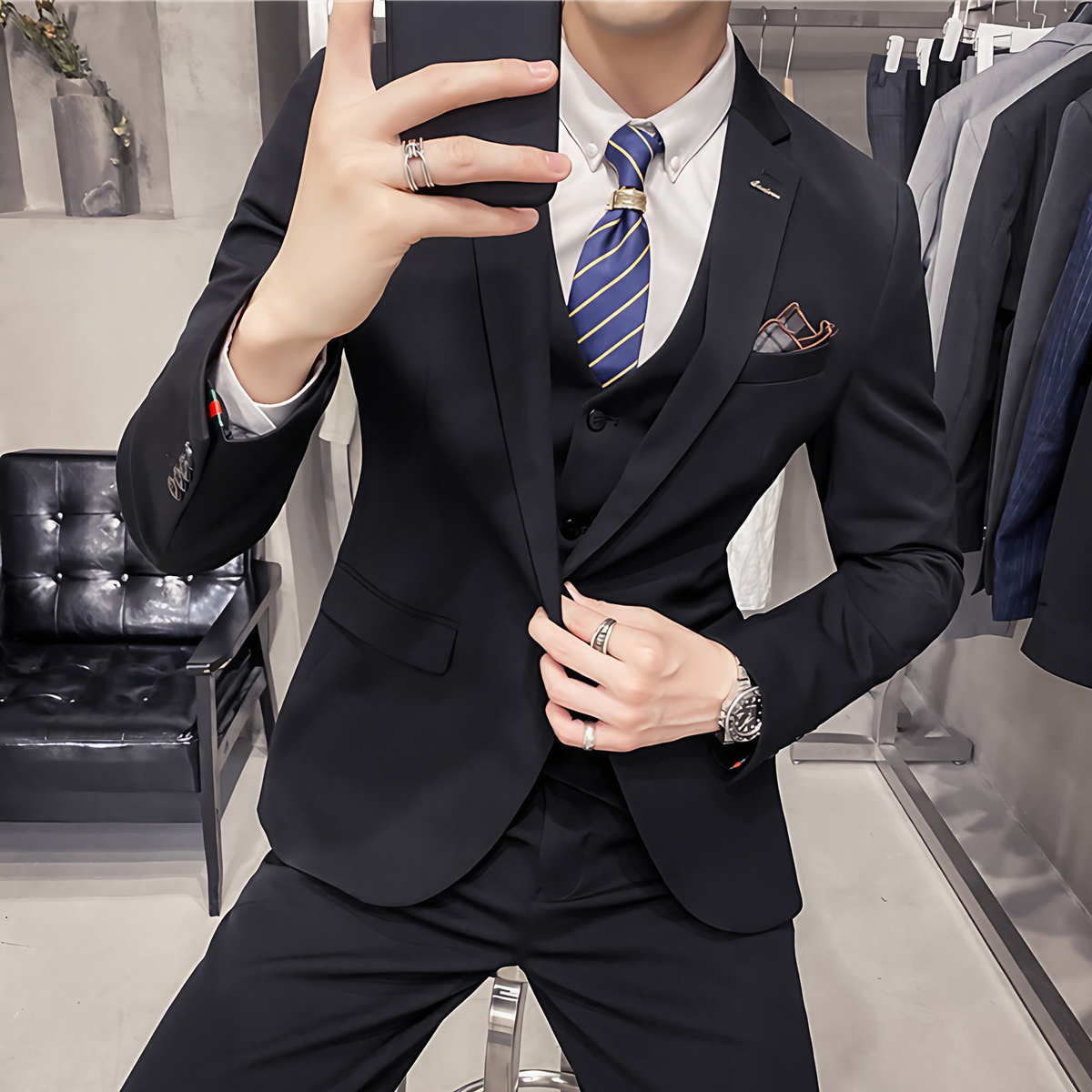 Costume trois pièces homme, cinq coloris, du S au 2XL, noir