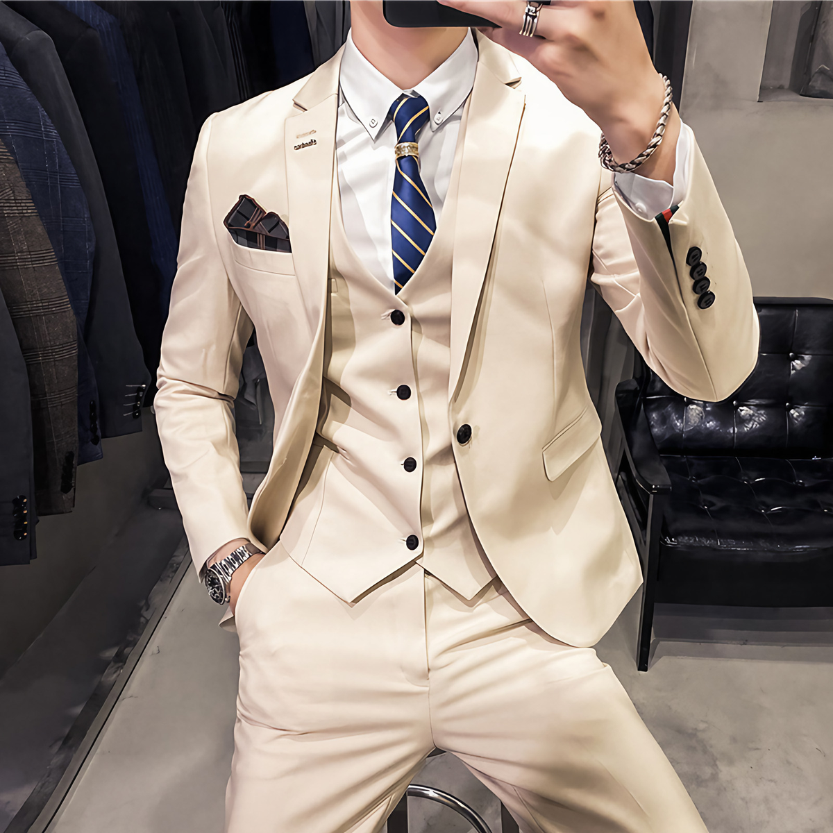 Costume trois pièces homme, cinq coloris, du S au 2XL, blanc crème