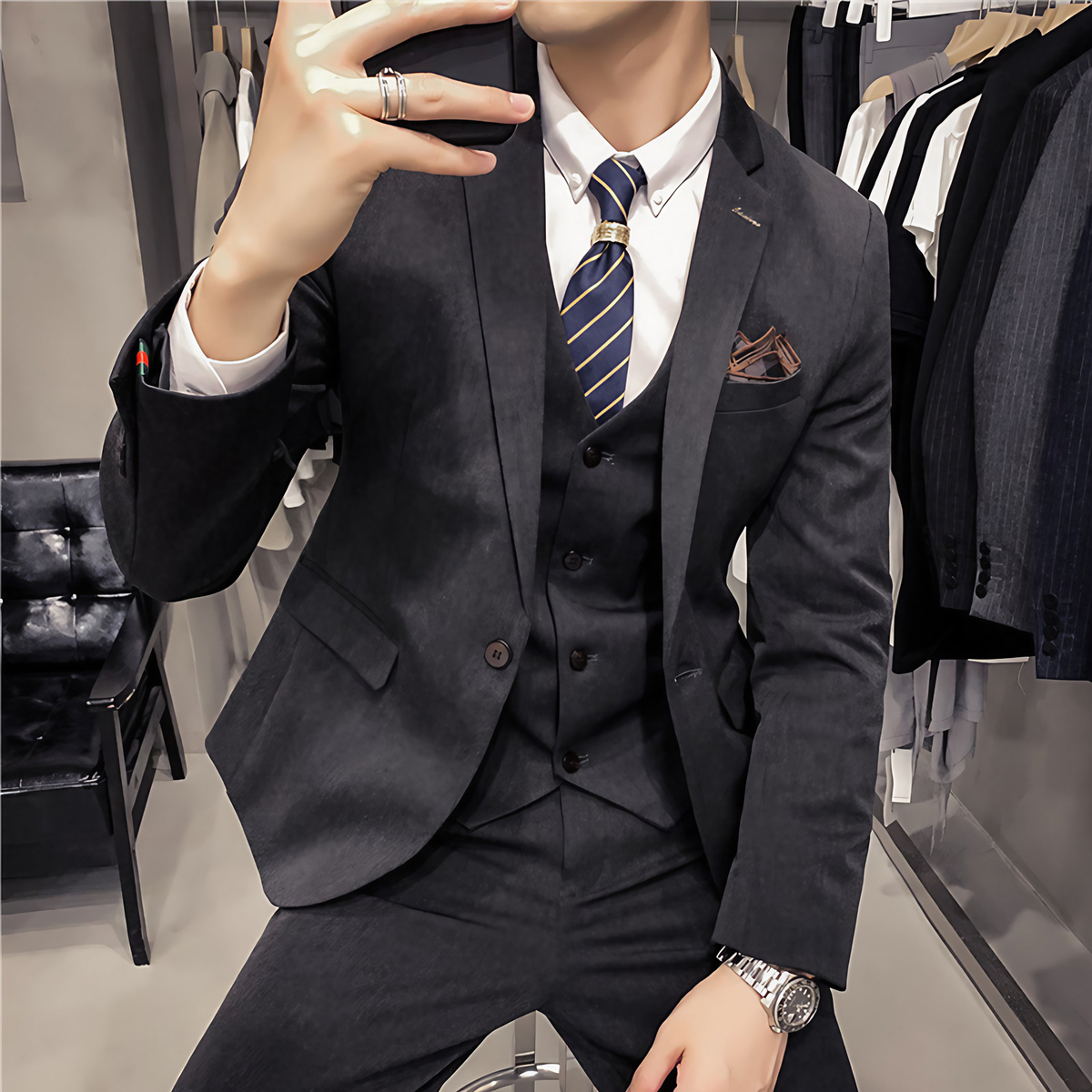 Costume trois pièces homme, cinq coloris, du S au 2XL, gris foncé