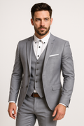 Ensemble trois pièces homme, blazer col montant, gilet, pantalon, gris