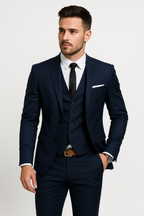 Ensemble trois pièces homme, blazer col montant, gilet, pantalon, bleu