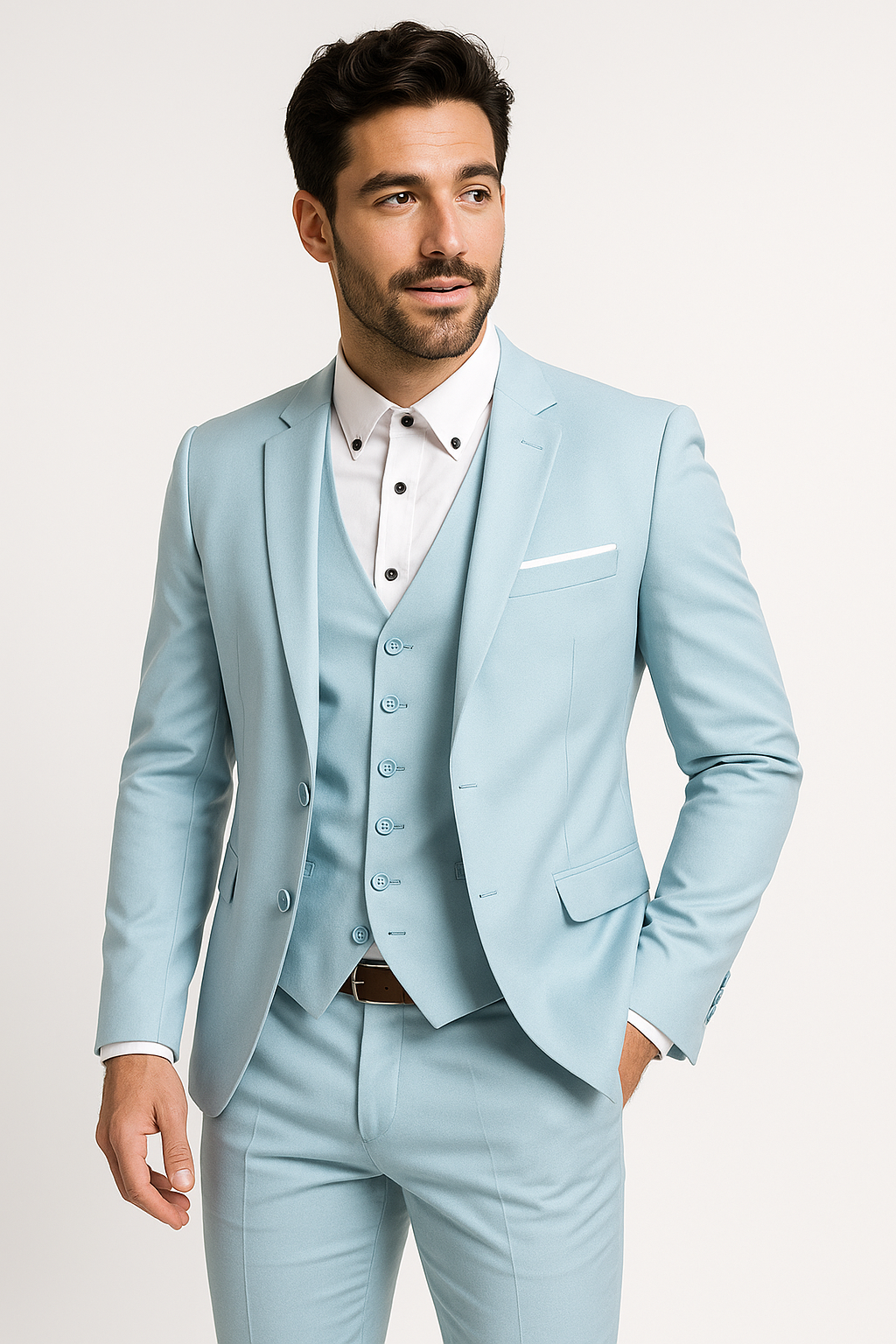 Ensemble trois pièces homme, blazer col montant, gilet, pantalon, bleu clair