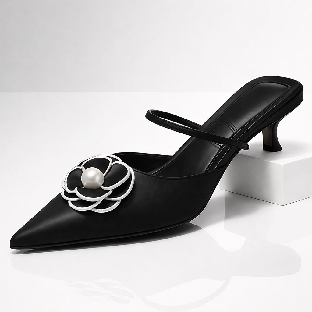 Escarpins femme à talon bas et fleur appliquée, bride arrière, noir