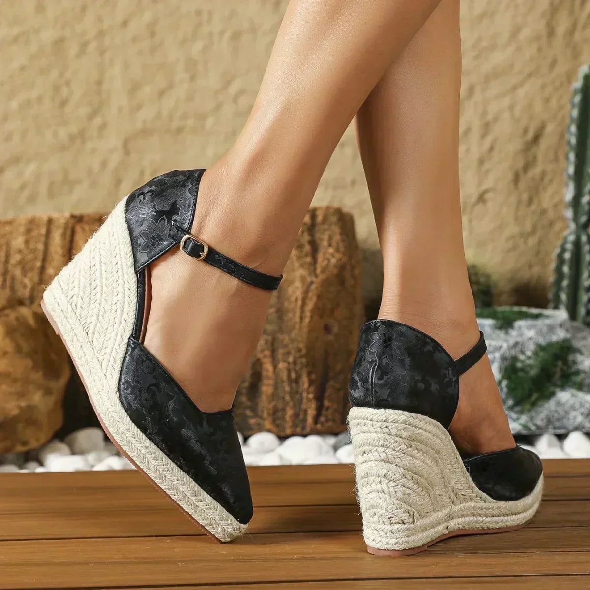 Espadrilles compensées femme, talon 8 cm, sangle réglable, noir