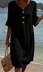 Robe en coton et lin femme boutonnée, manches courtes à volants, noir