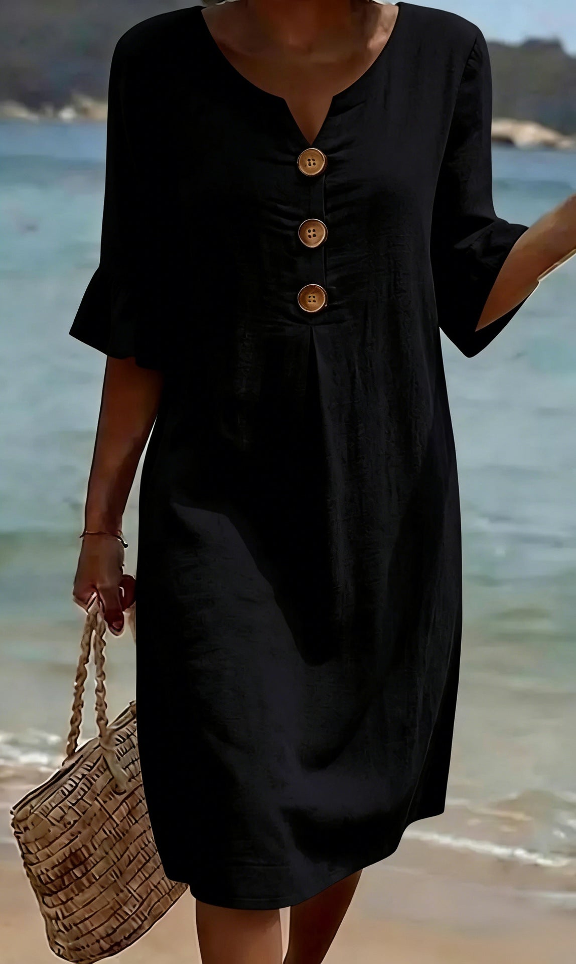 Robe en coton et lin femme boutonnée, manches courtes à volants, noir