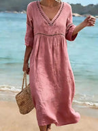 Robe en coton femme col V, mi-longue, manches courtes et poches, rose
